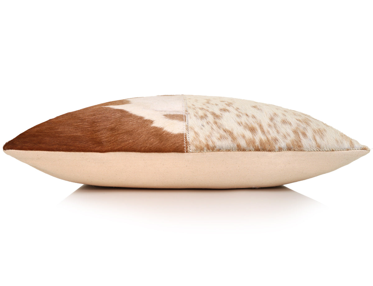 Luxury Brown & White Genuine Cowhide Patchwork Pillow 18x18 | Handmade Hair-On Leather Cushion