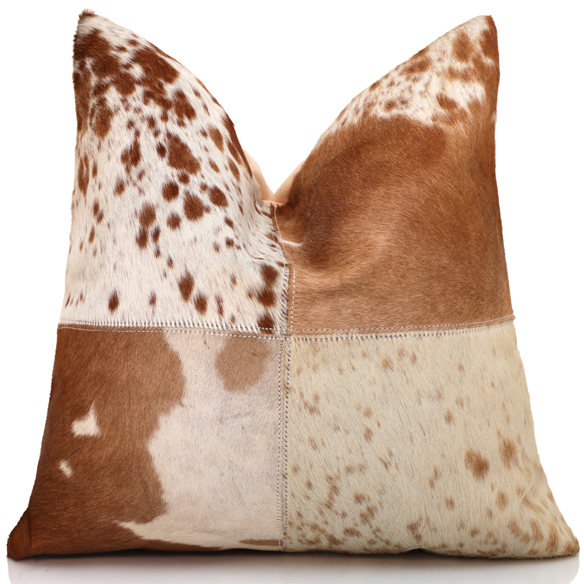 Luxury Brown & White Genuine Cowhide Patchwork Pillow 18x18 | Handmade Hair-On Leather Cushion