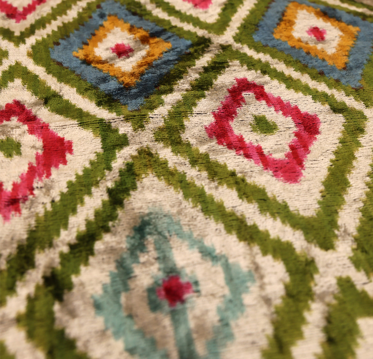 20x20 Multicolor Green Ikat Silk Velvet Pillow