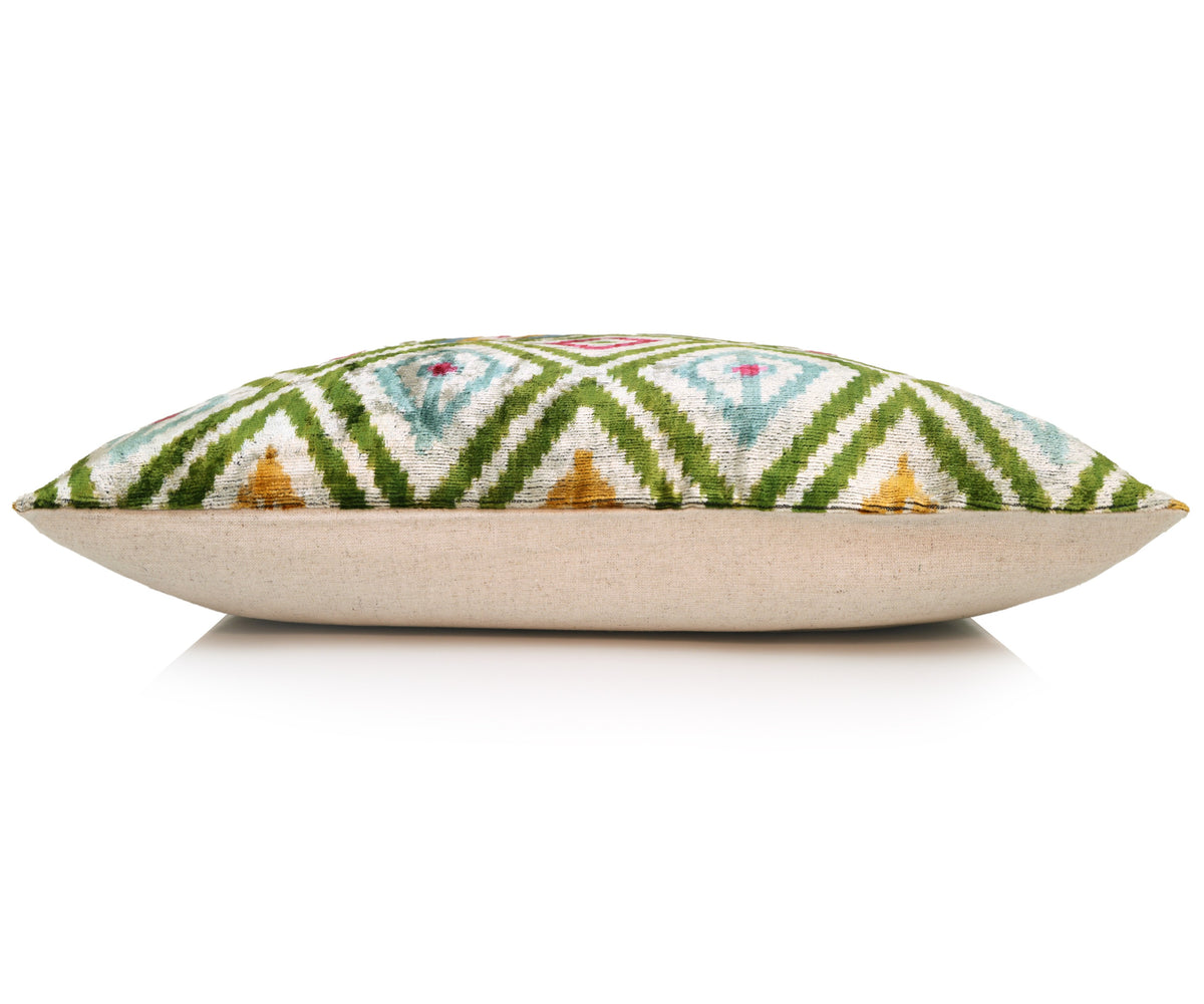 20x20 Multicolor Green Ikat Silk Velvet Pillow