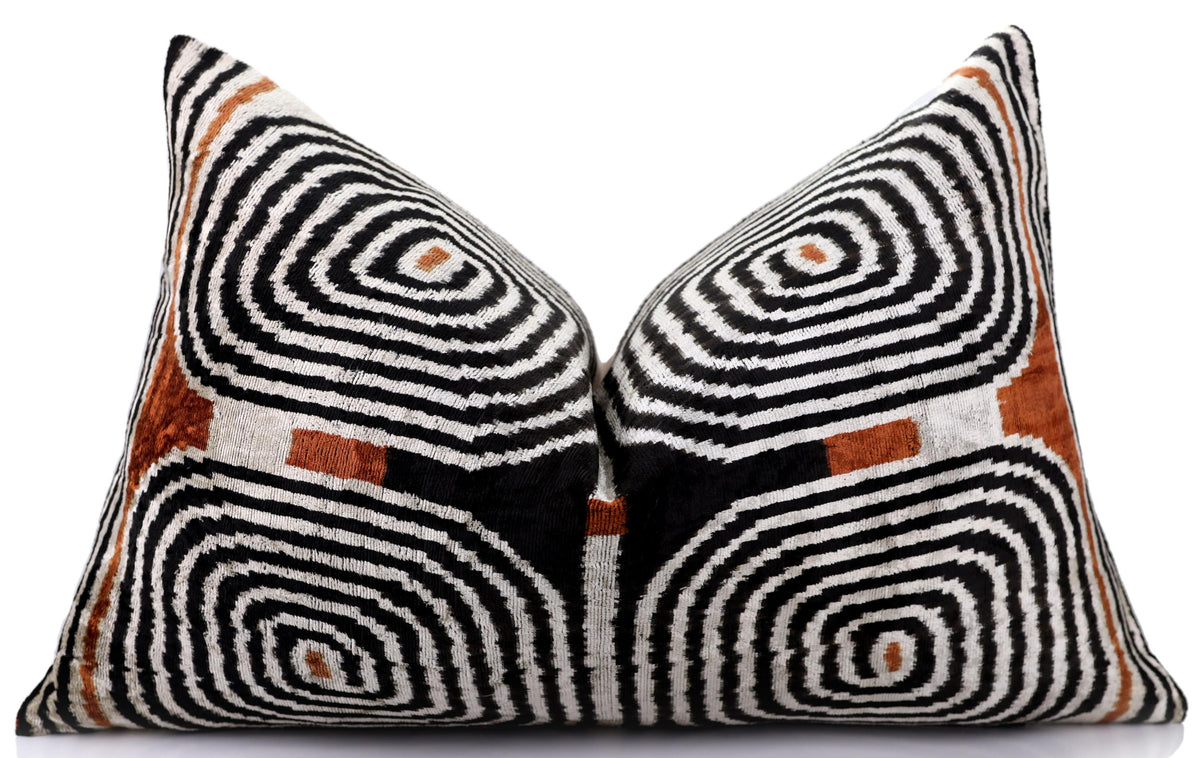 Black Ivory Rust Geometric Silk Velvet Lumbar Pillow – 16x24 Handmade Luxury Cushion