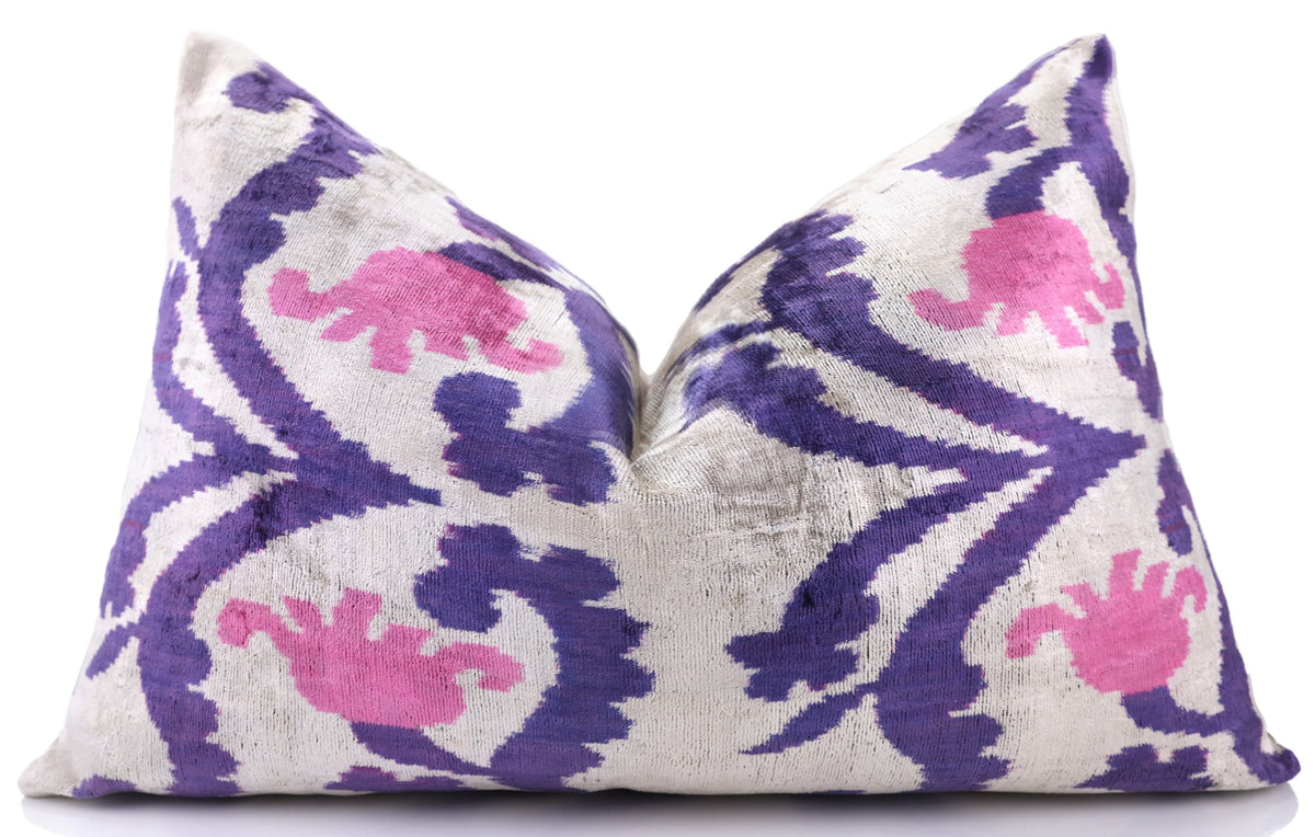 Purple & Pink Silk Velvet Ikat Lumbar Pillow 16x24 – Handmade