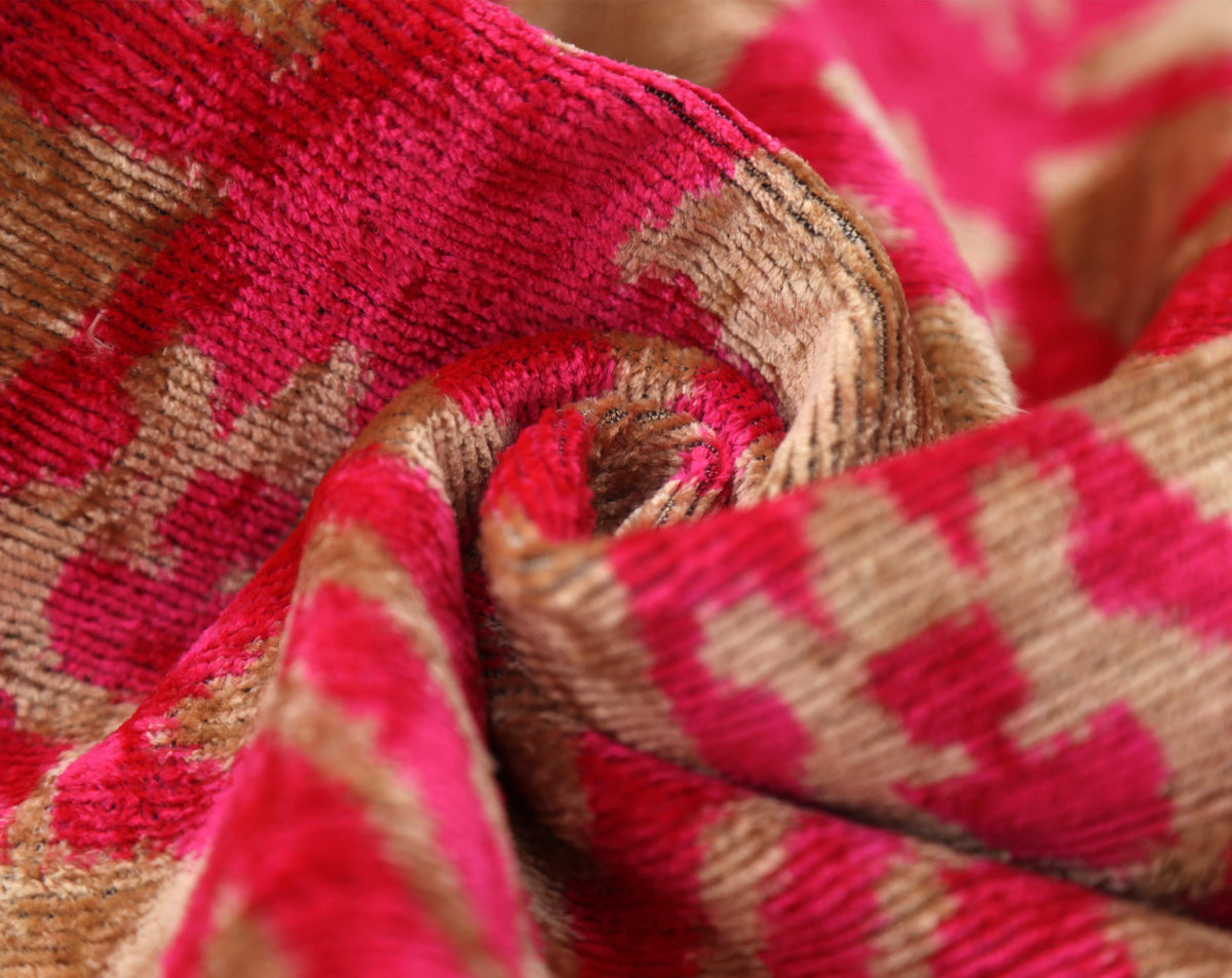 Fuchsia Beige Silk Velvet Lumbar Pillow – 16x24 Handmade Ikat Luxury Cushion