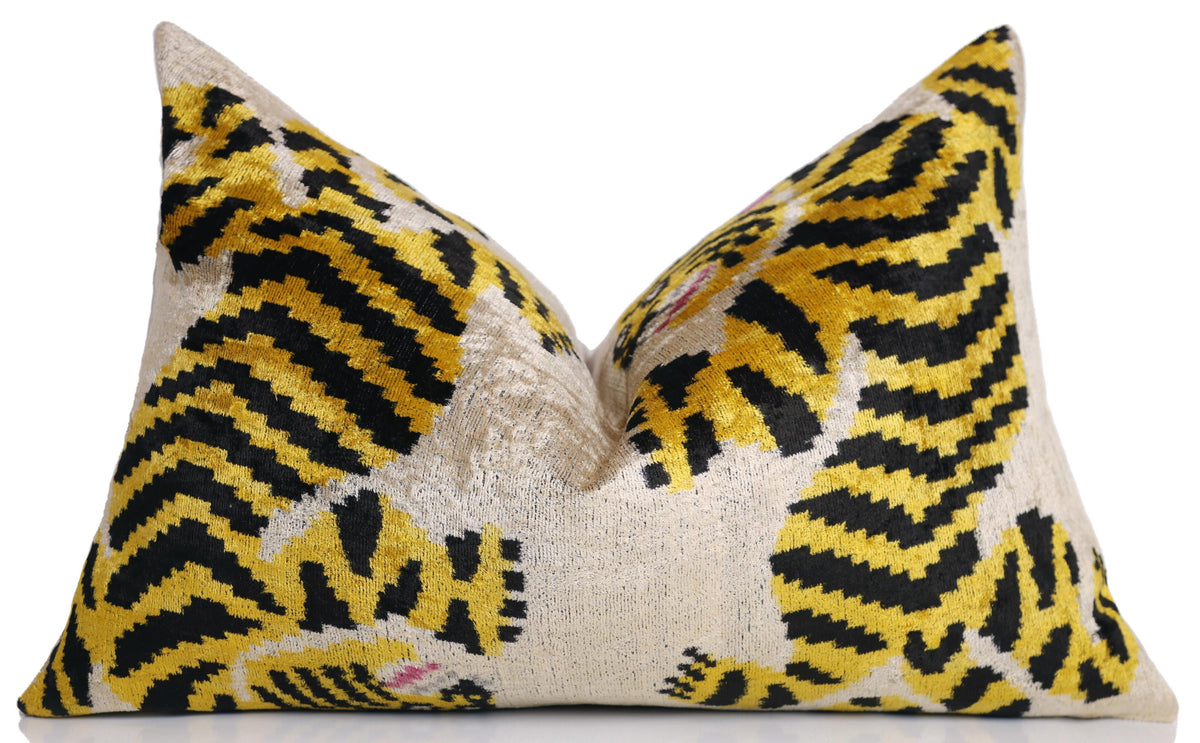 Golden Tiger Silk Velvet Lumbar Pillow – 16x24 Handmade Designer Cushion