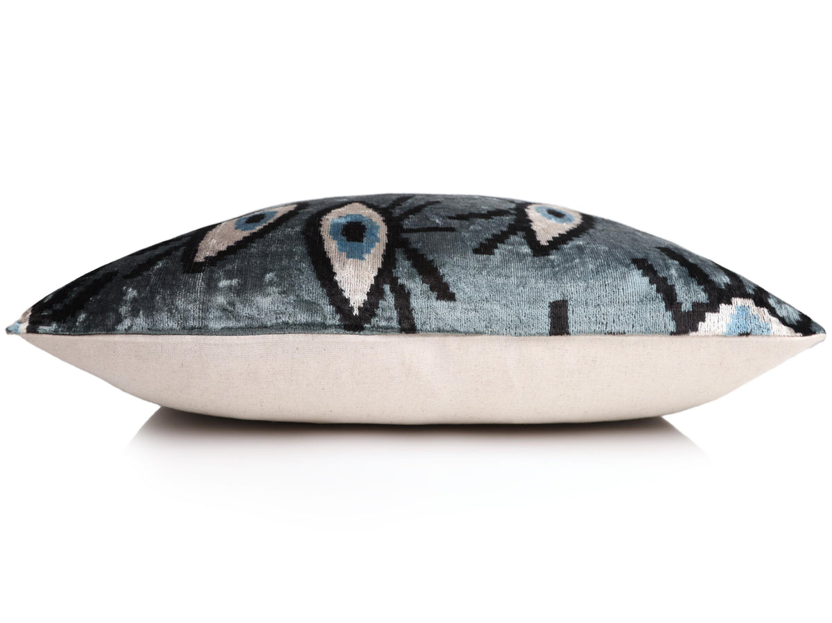 Gray Blue Eye Silk Velvet Lumbar Pillow – 16x24 Handmade Ikat Luxury Cushion