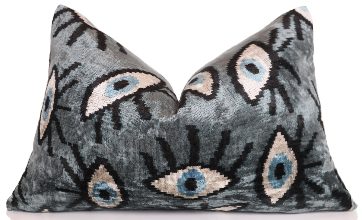 Gray Blue Eye Silk Velvet Lumbar Pillow – 16x24 Handmade Ikat Luxury Cushion