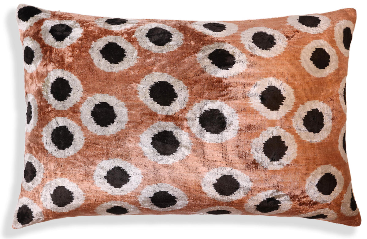 Copper Gold Black Dot Silk Velvet Lumbar Pillow – 16x24 Handmade Modern Cushion
