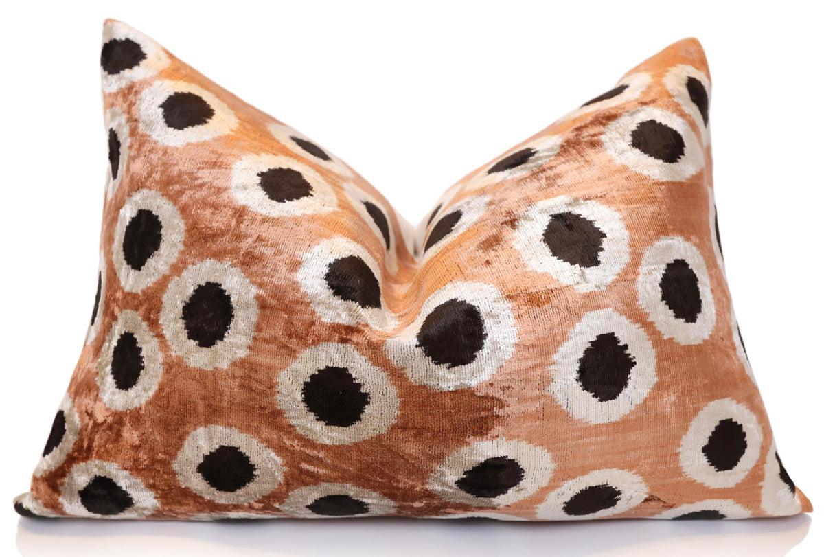 Copper Gold Black Dot Silk Velvet Lumbar Pillow – 16x24 Handmade Modern Cushion
