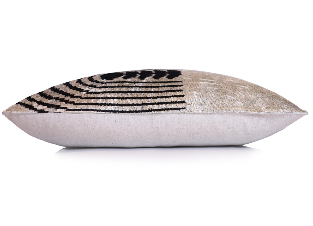 Black Silver Geometric Silk Velvet Lumbar Pillow – 16x24 Handmade Modern Cushion