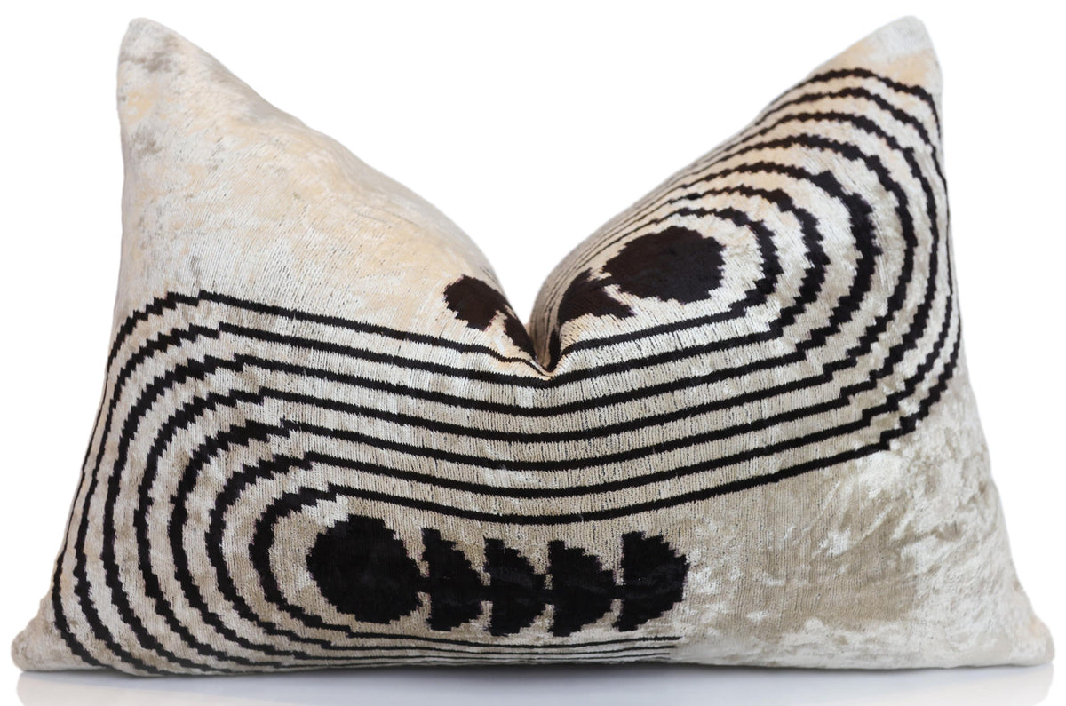 Black Silver Geometric Silk Velvet Lumbar Pillow – 16x24 Handmade Modern Cushion