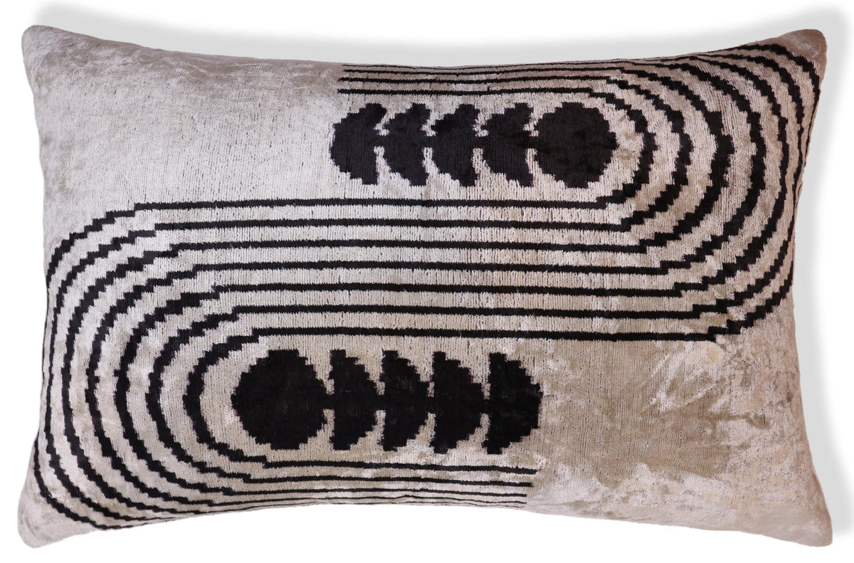 Black Silver Geometric Silk Velvet Lumbar Pillow – 16x24 Handmade Modern Cushion