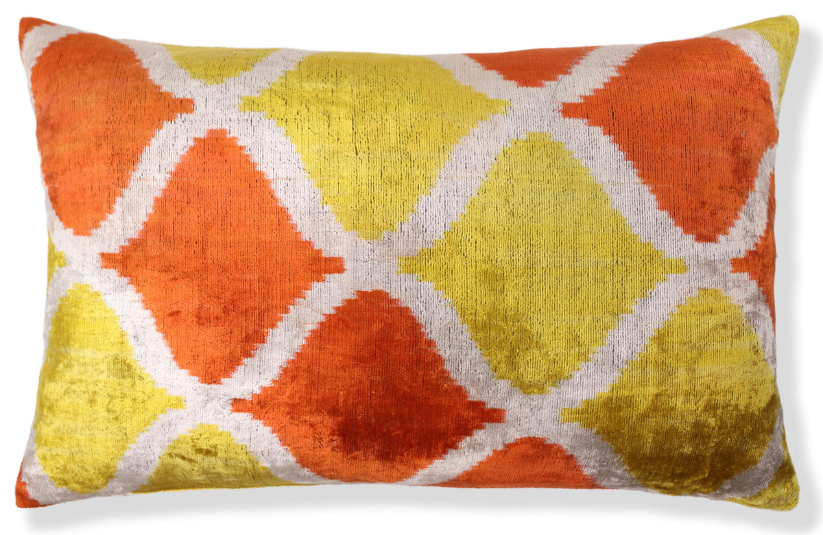 Orange Yellow Silk Velvet Lumbar Pillow – 16x24 Handmade Ikat Luxury Cushion