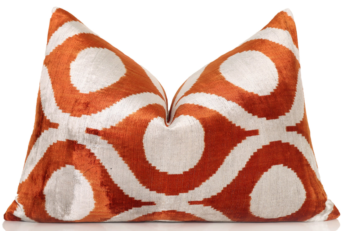 Burnt Orange & Ivory Geometric Silk Velvet Lumbar Pillow – 16x24