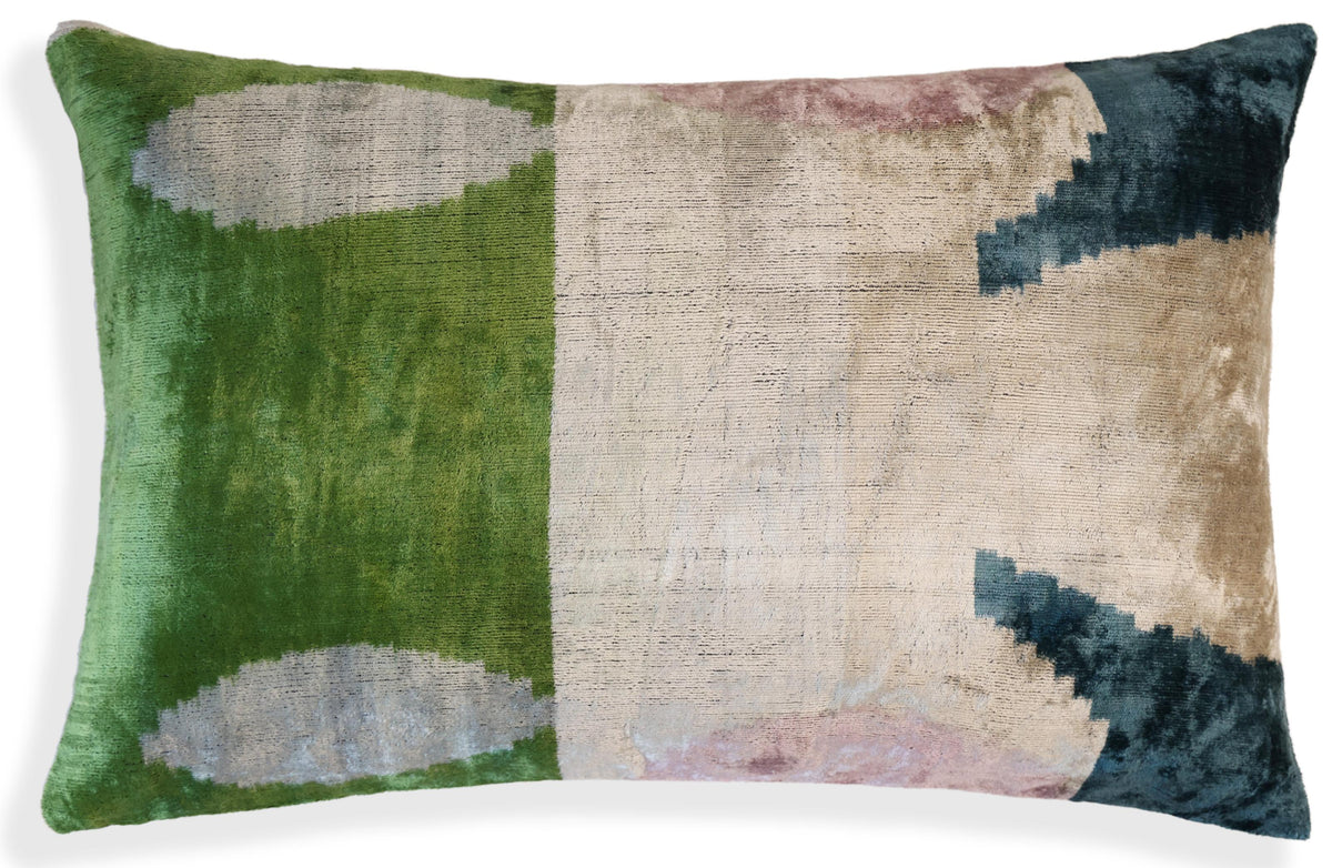 Green and Beige Abstract Silk Velvet Pillow 16x24 Handmade Luxury Cushion