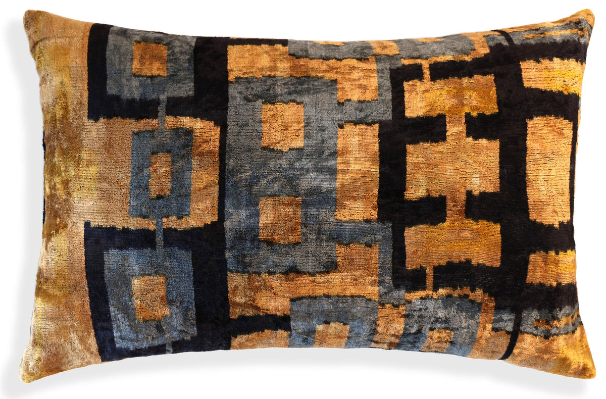 Bronze and Blue Geometric Silk Velvet Pillow 16x24 Handmade Luxury Cushion