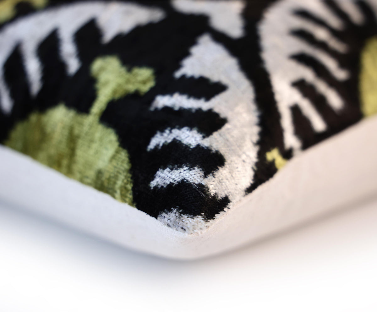 Green and Black Silk Velvet Ikat Pillow 16x16 Handmade Luxury Cushion