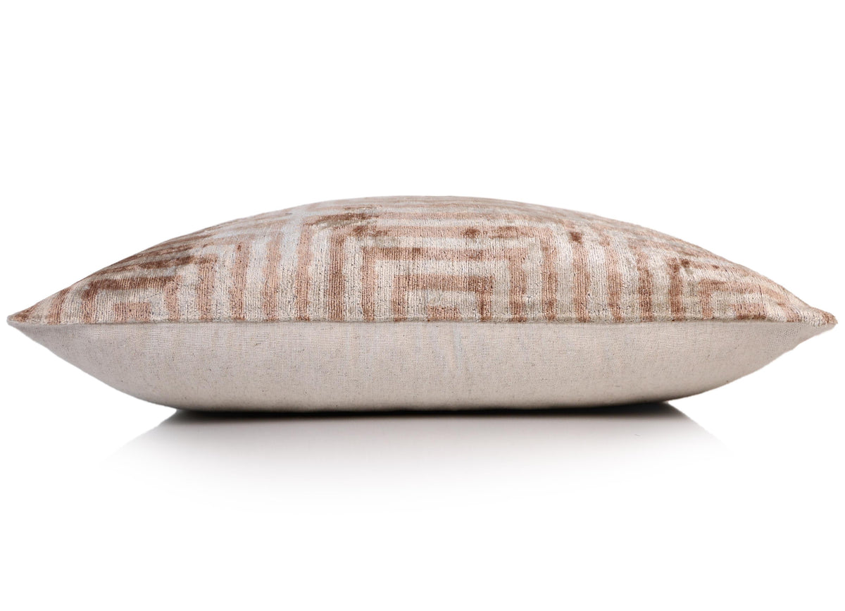 Beige Geometric Silk Velvet Pillow 16x24 Handmade Luxury Cushion