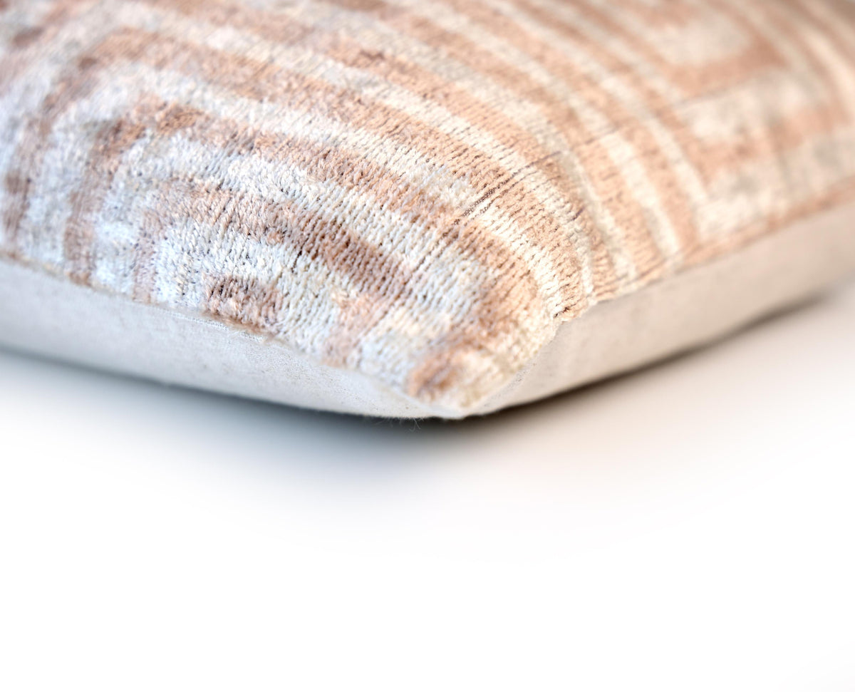 Beige Geometric Silk Velvet Pillow 16x24 Handmade Luxury Cushion