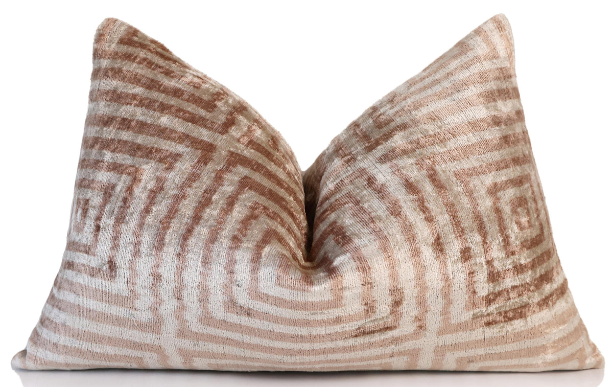 Beige Geometric Silk Velvet Pillow 16x24 Handmade Luxury Cushion