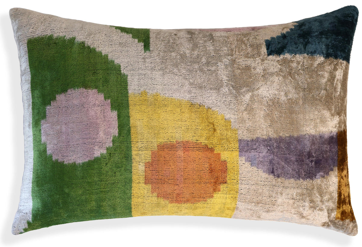 Green Yellow and Lilac Abstract Silk Velvet Pillow 16x24 Handmade Luxury Cushion