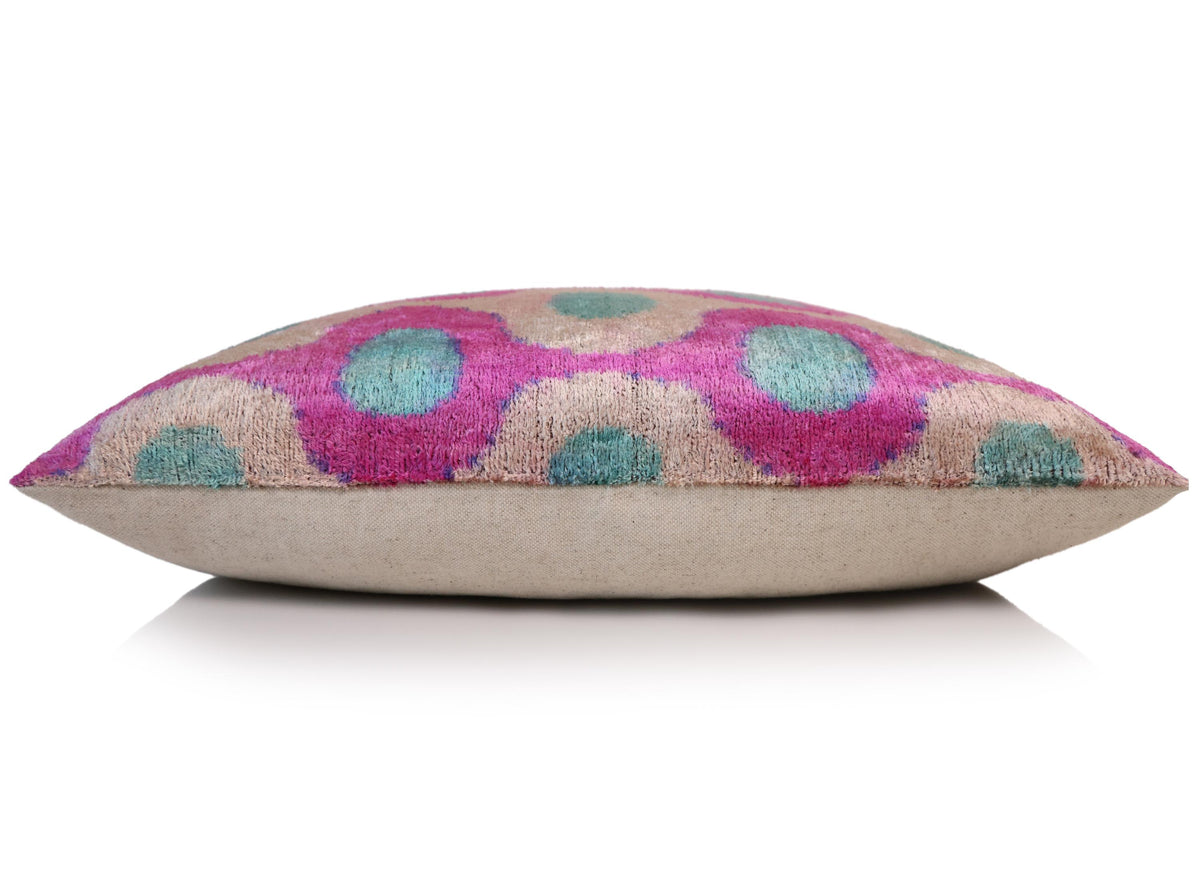 Pink and Aqua Circle Silk Velvet Pillow 16x24 Handmade Luxury Cushion