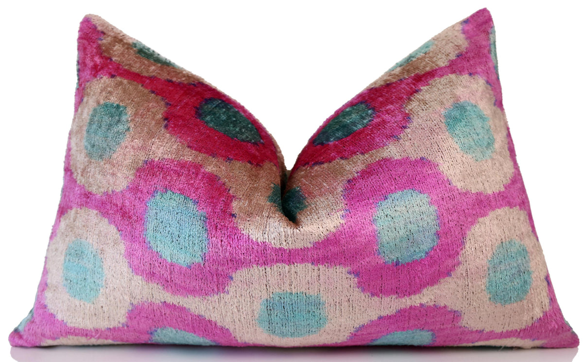 Pink and Aqua Circle Silk Velvet Pillow 16x24 Handmade Luxury Cushion