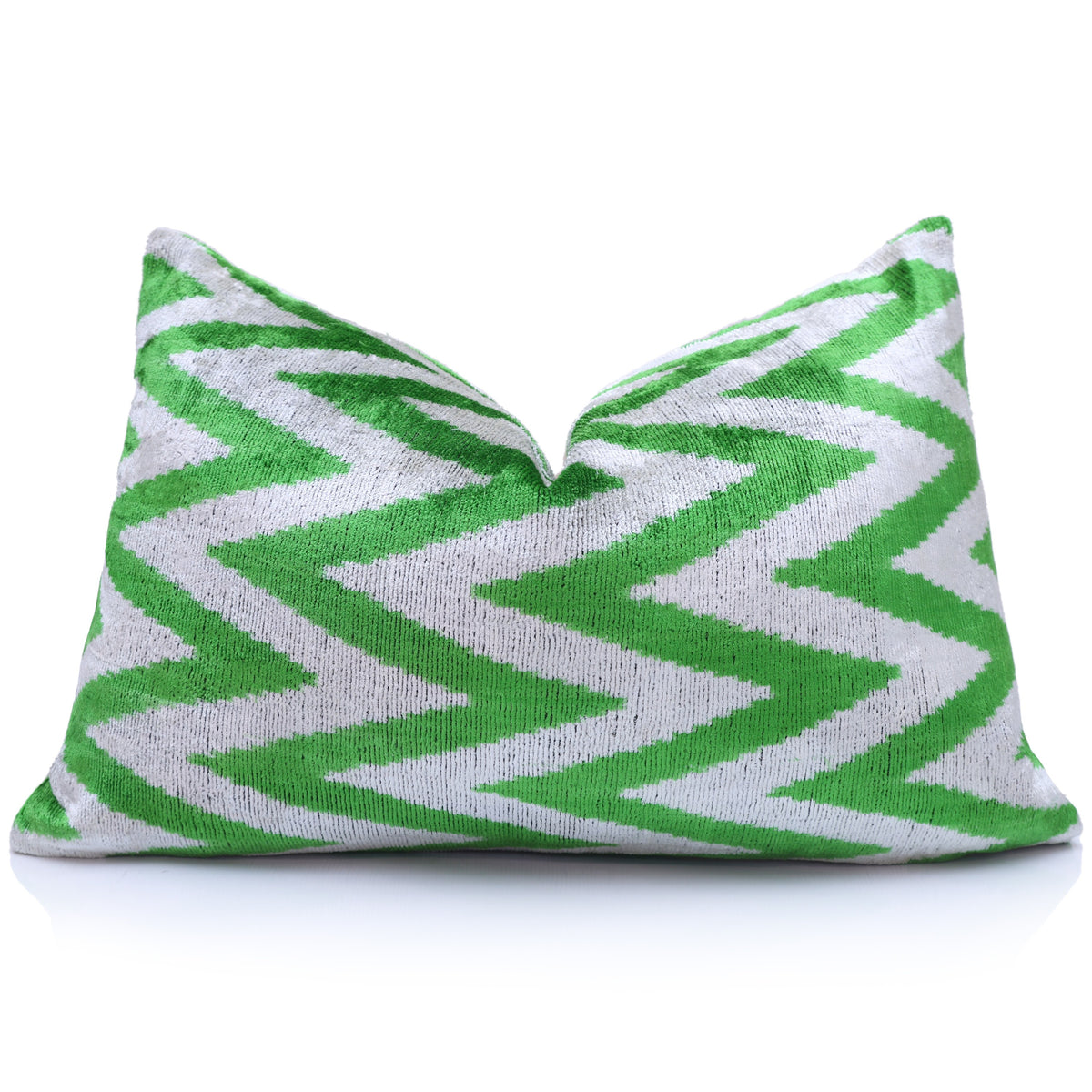 Green & Light Gray Chevron Silk Velvet Lumbar Pillow – 16x24