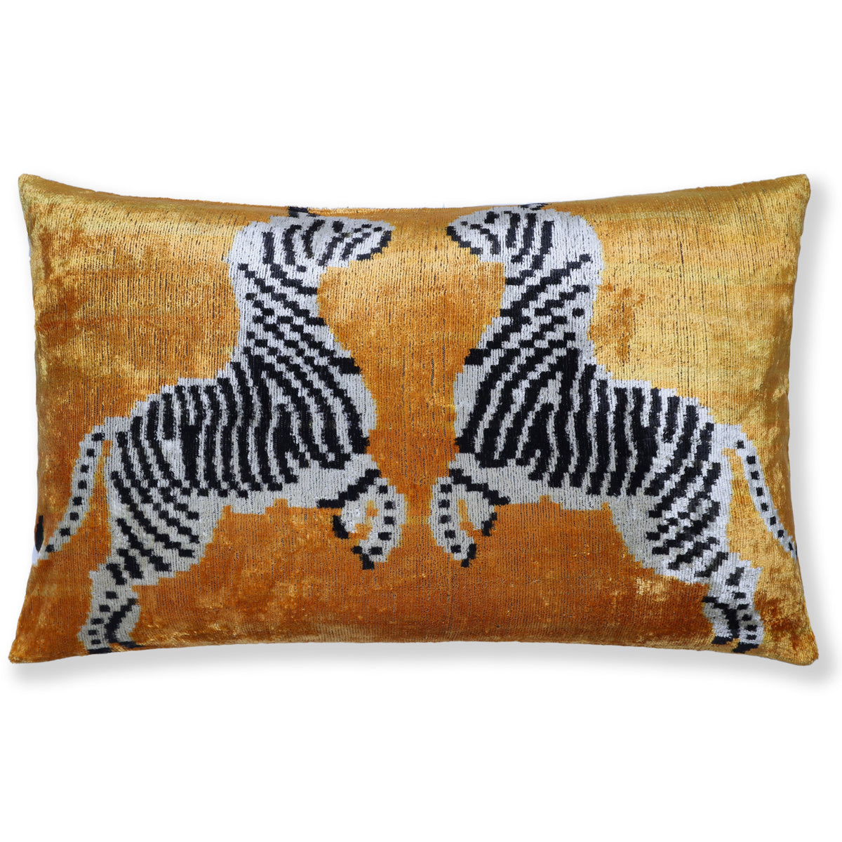Golden Ochre Zebra Silk Velvet Lumbar Pillow 16x24 | Handmade Animal Motif Designer Pillow