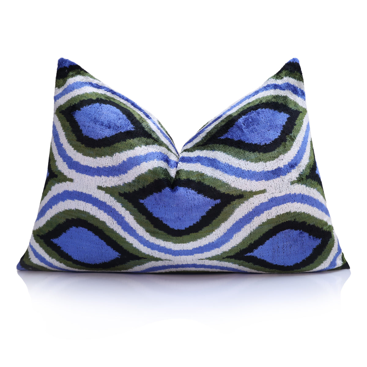 Blue Green Ikat Silk Velvet Lumbar Pillow – 16x24
