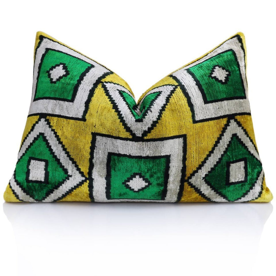 Yellow & Emerald Geometric Silk Velvet Lumbar Pillow – 16x24