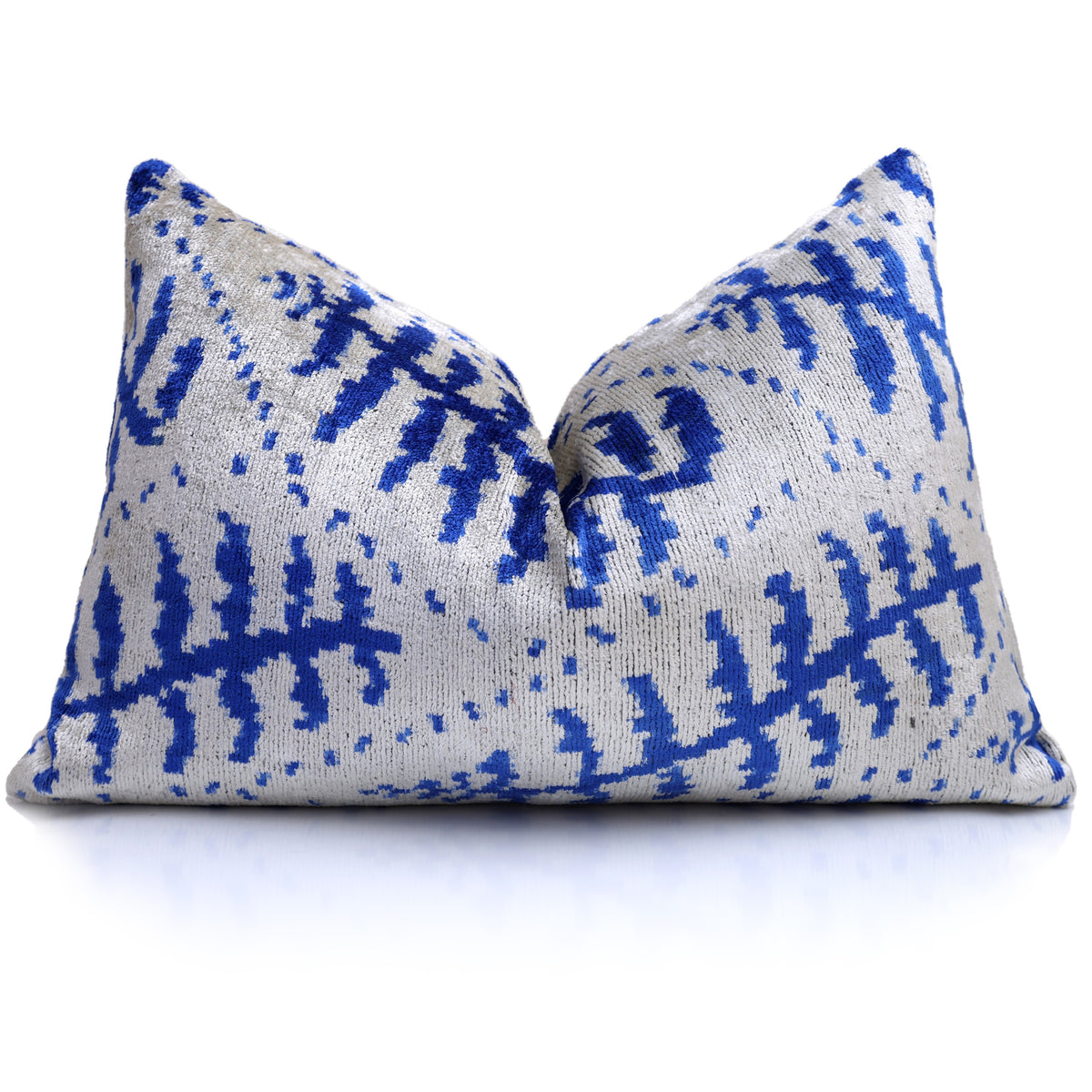 Cobalt & Silver Gray Botanical Silk Velvet Lumbar Pillow – 16x24