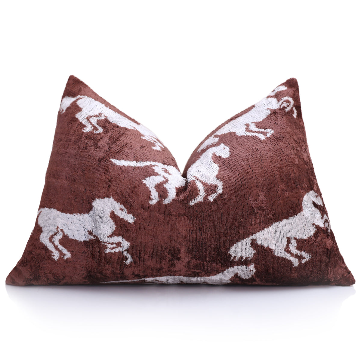 Brown & Ivory Horse Silk Velvet Lumbar Pillow – 16x24