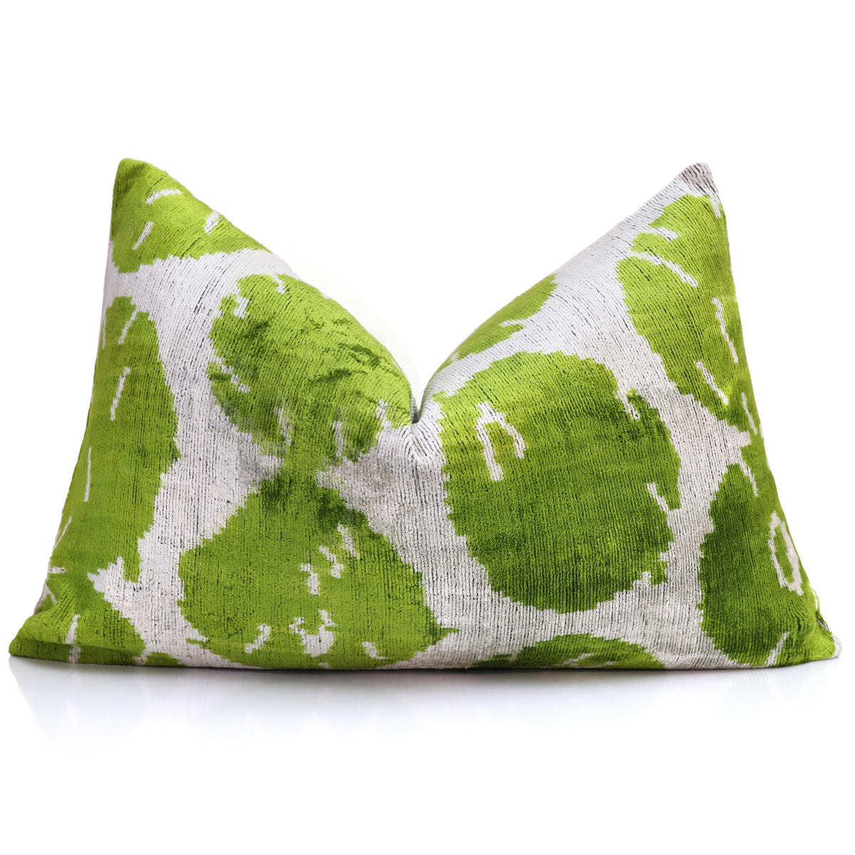 Chartreuse & Silver Ikat Silk Velvet Lumbar Pillow – 16x24