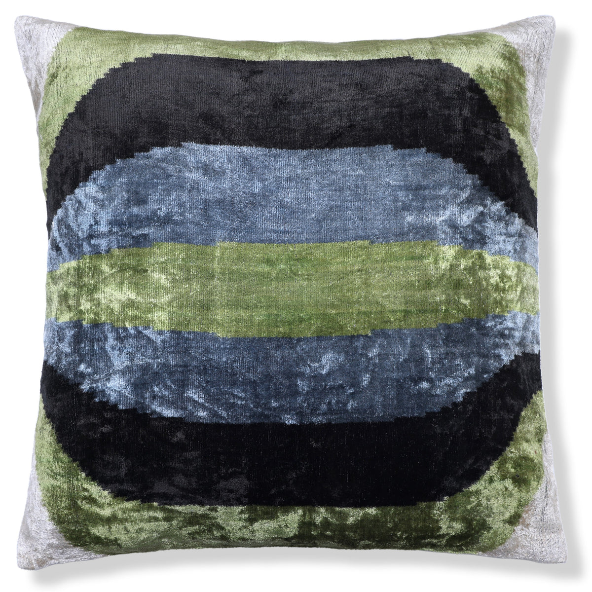 Square ikat pillow in olive moss, slate blue and black against a white background