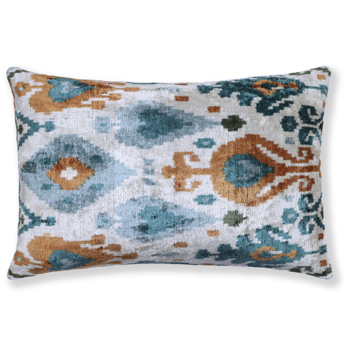 Silvery white lumbar pillow with muted teal blue and ochre gold ikat medallion