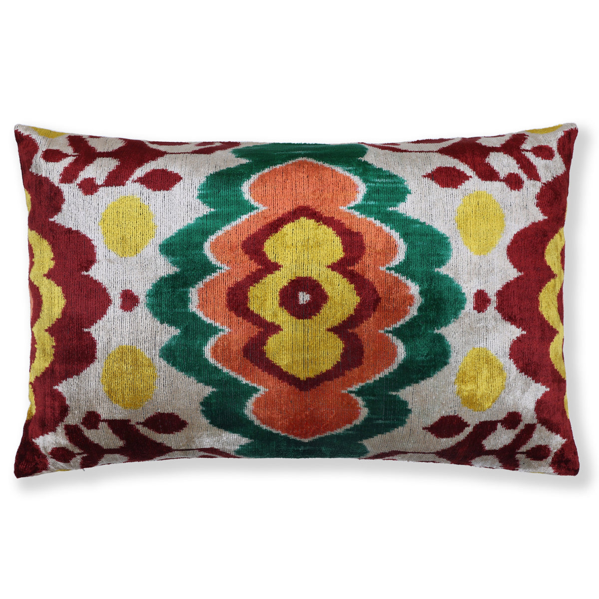 Silvery ivory ikat lumbar pillow with burgundy red, emerald green and floral medallion front