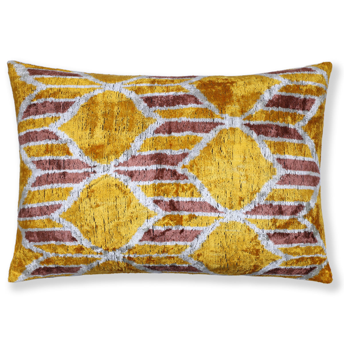 Mustard gold, dusty rose and soft white geometric ikat diamond lattice on silk velvet