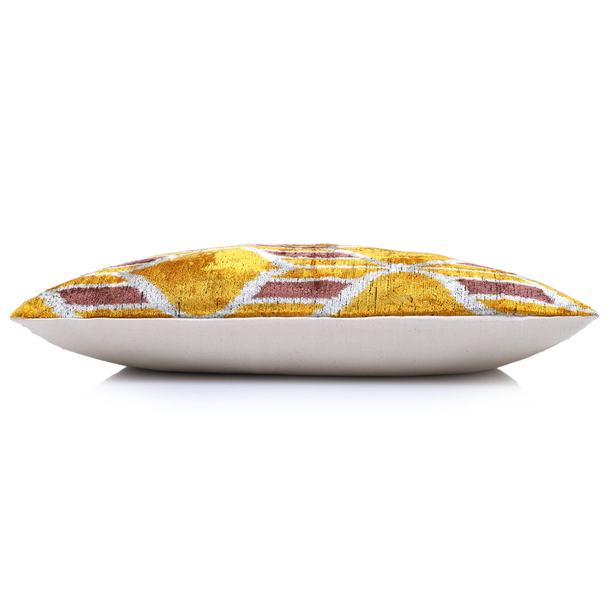 Side profile of the geometric mustard gold silk velvet lumbar pillow