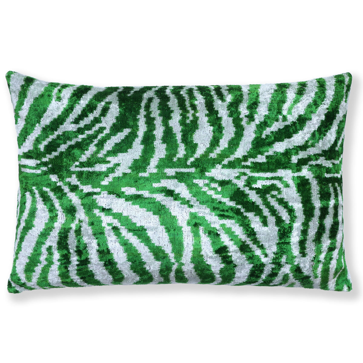 Emerald green and cool white zebra stripes on a silk velvet lumbar pillow, shown from the front.