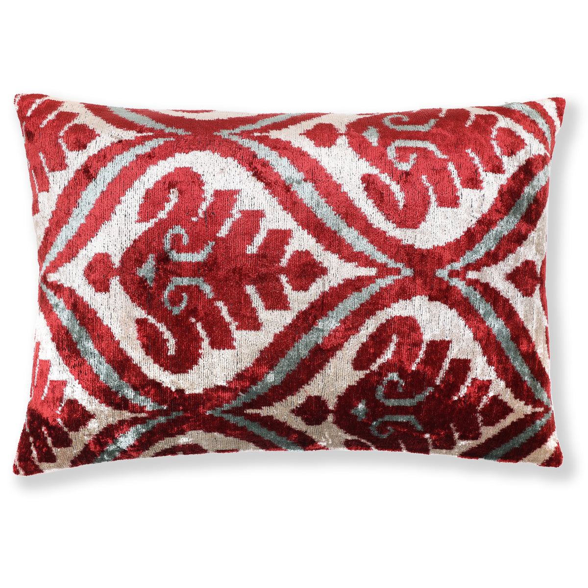 Crimson red, warm ivory and pale sage aqua ikat lumbar pillow shown from the front