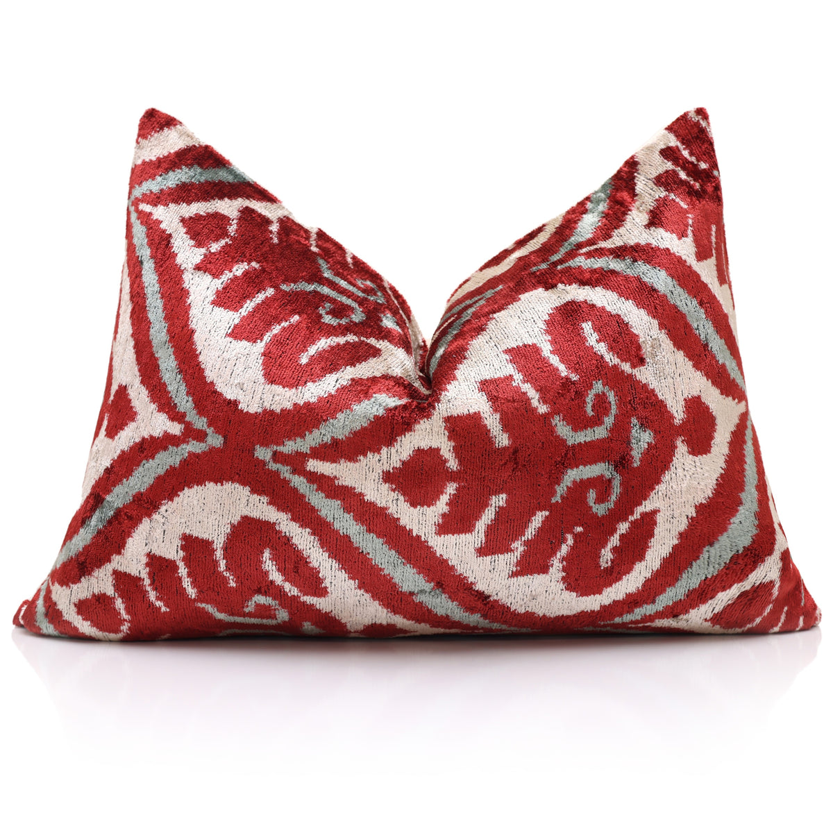 Red & Ivory Ikat Silk Velvet Lumbar Pillow – 16x24