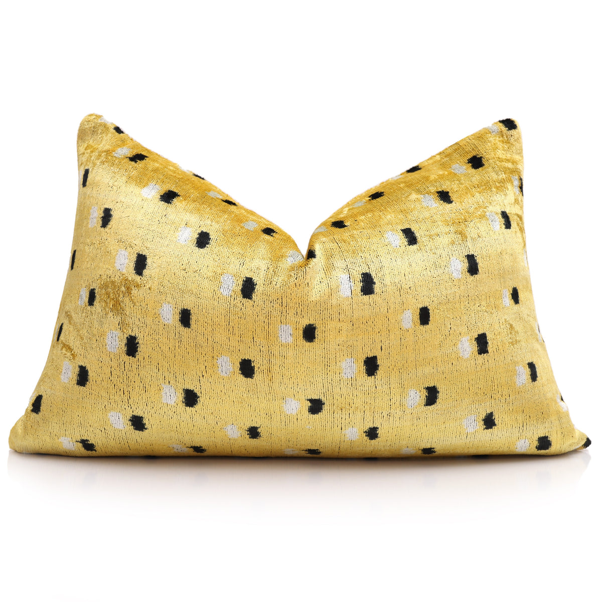 Mustard Yellow & Black Dotted Silk Velvet Lumbar Pillow – 16x24