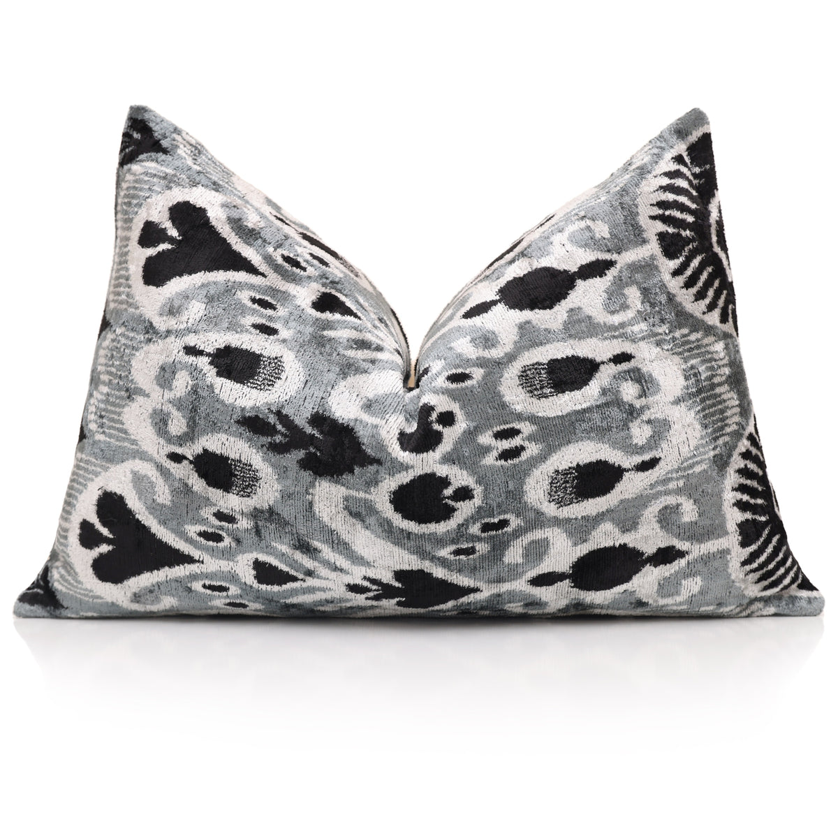 Slate Gray & Black Ikat Silk Velvet Lumbar Pillow – 16x24