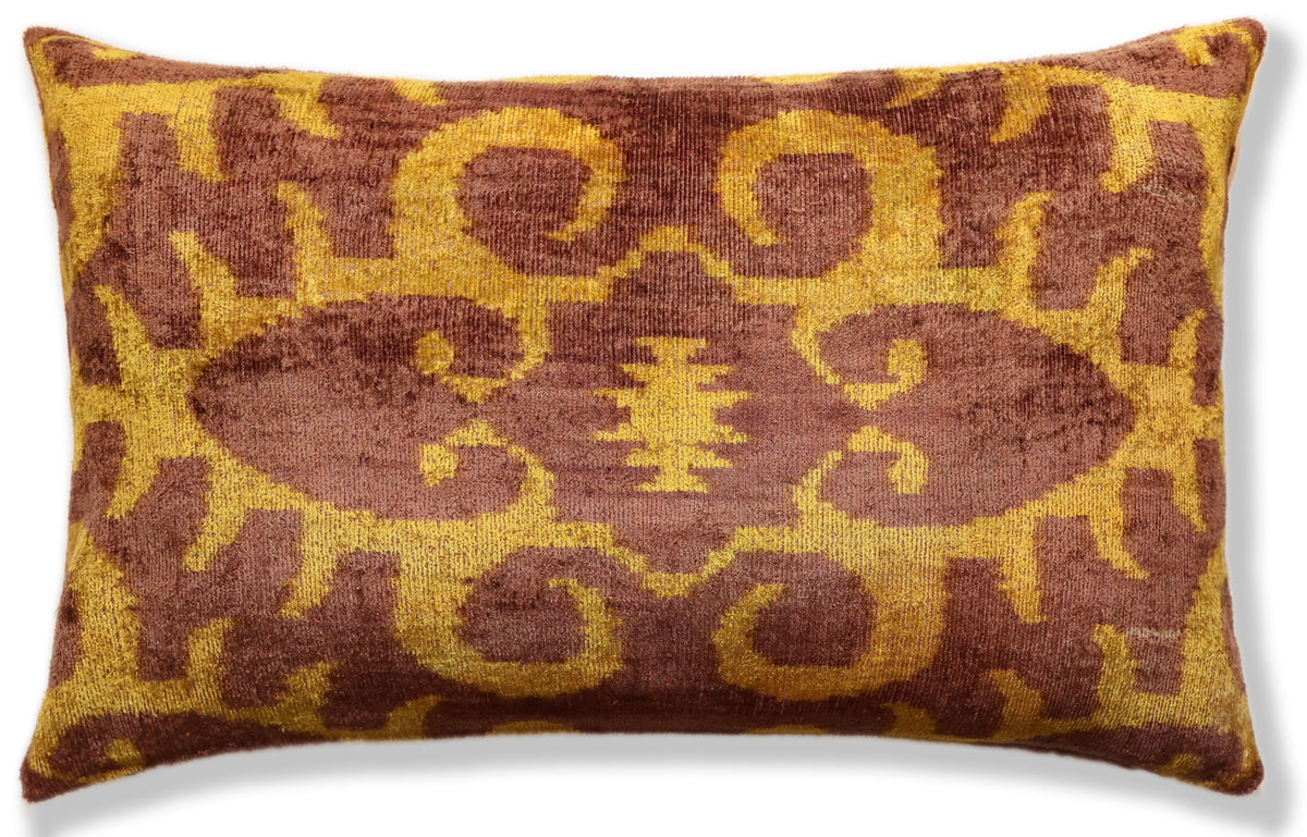 Hand-Knotted Ochre & Mahogany Ikat Lumbar Pillow - 16x24 Organic Dyed