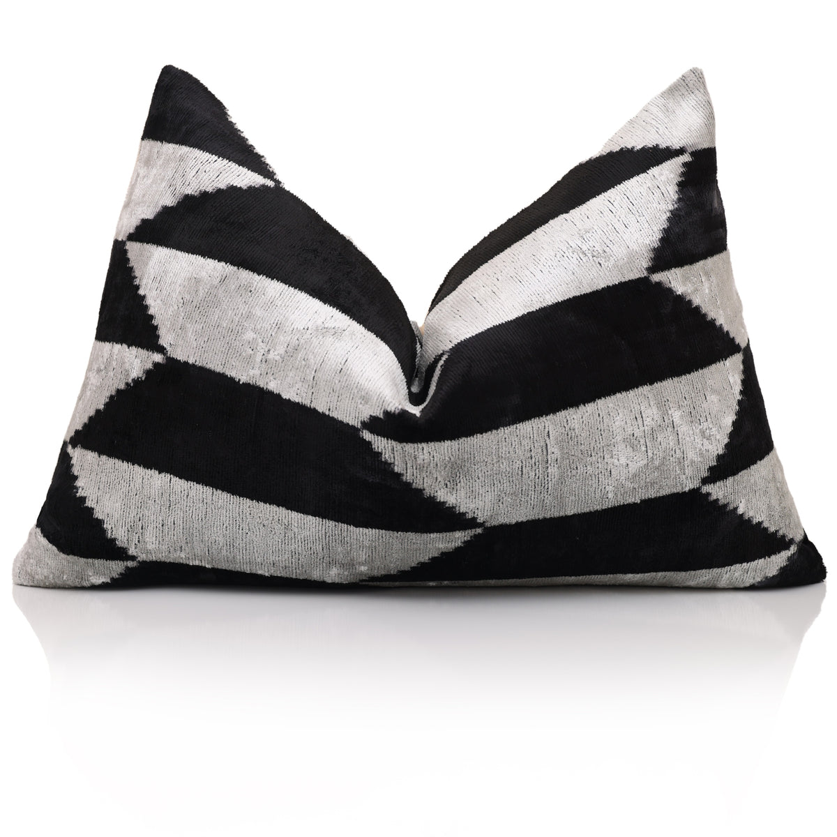 Black & Silvery White Geometric Silk Velvet Lumbar Pillow – 16x24