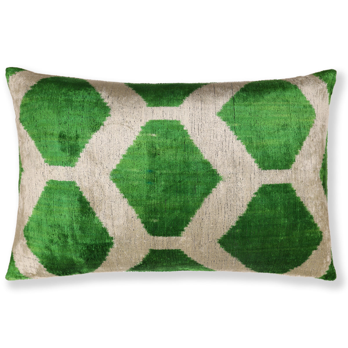 Emerald green and pale greige geometric ikat honeycomb pattern across the full lumbar pillow front