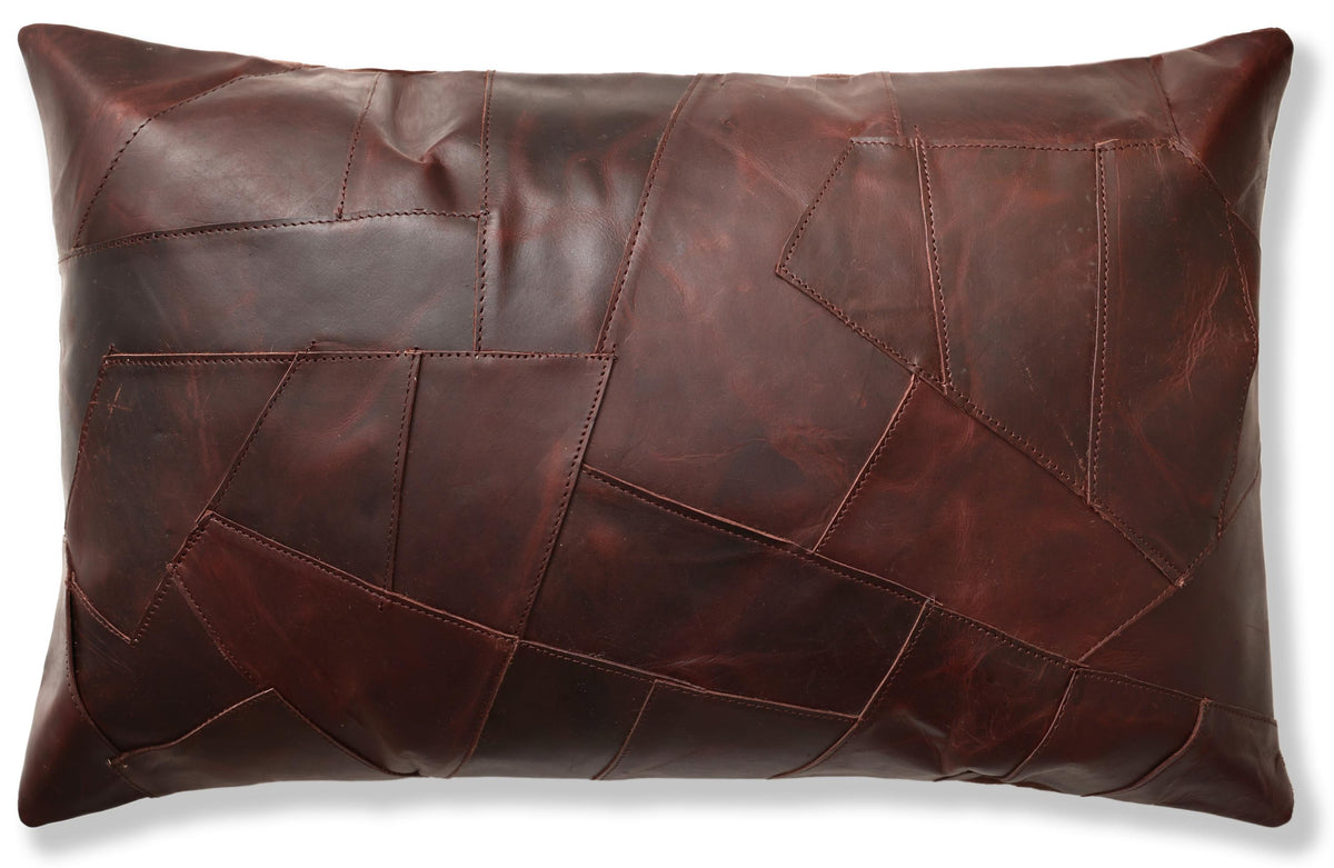 Luxury Distressed Brown Genuine Leather Patchwork Throw Pillow 16x24 | Handmade Designer Lumbar Cushion