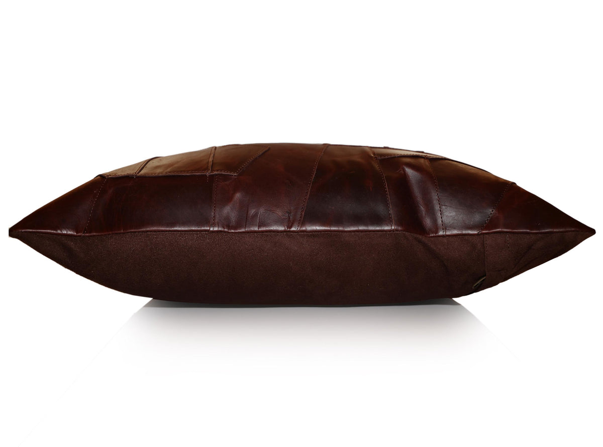 Luxury Distressed Brown Genuine Leather Patchwork Throw Pillow 16x24 | Handmade Designer Lumbar Cushion