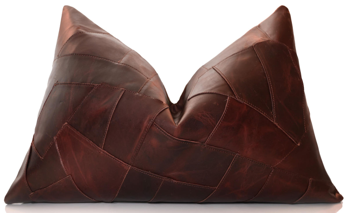 Luxury Distressed Brown Genuine Leather Patchwork Throw Pillow 16x24 | Handmade Designer Lumbar Cushion