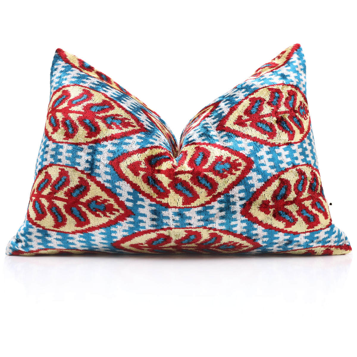 Cerulean & Crimson Ikat Silk Velvet Lumbar Pillow – 16x24